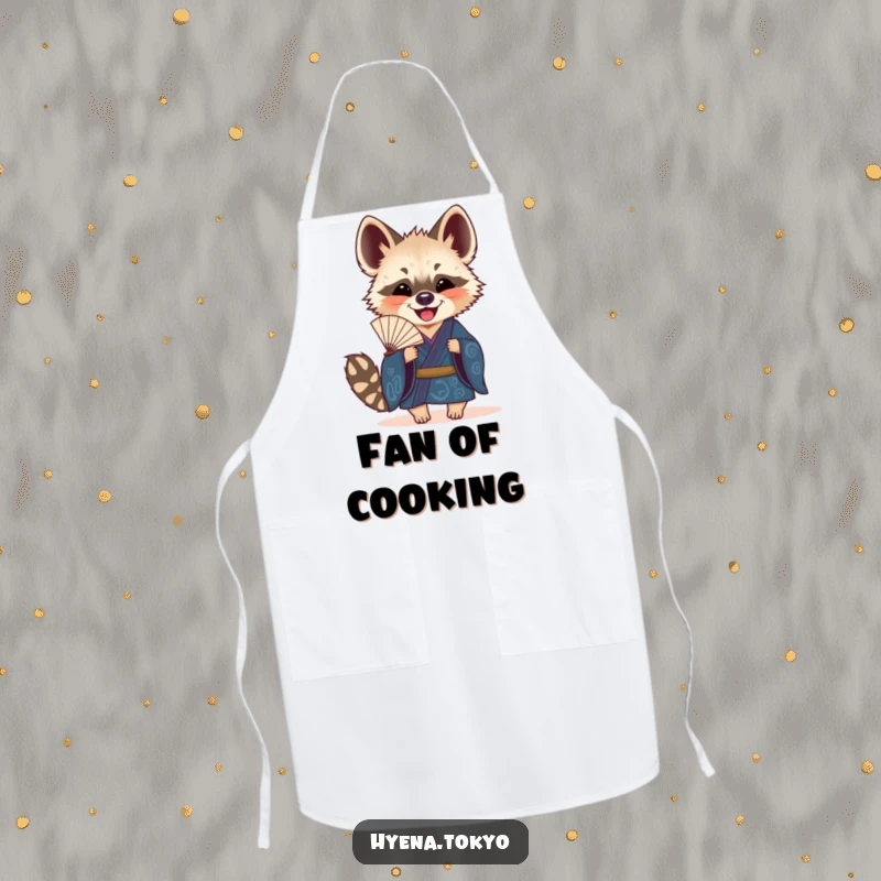Funny Hyena Fan Apron: Elegant hyena in a blue kimono joyfully holding a decorative fan, adding flair to kitchen wear.