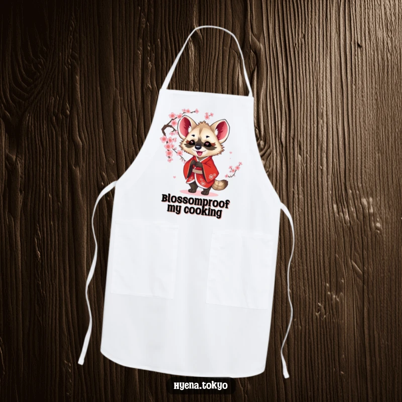 Funny hyena apron, red kimono, playfully batting at blossoms, humorous kitchenware, perfect funny gift for cooks.