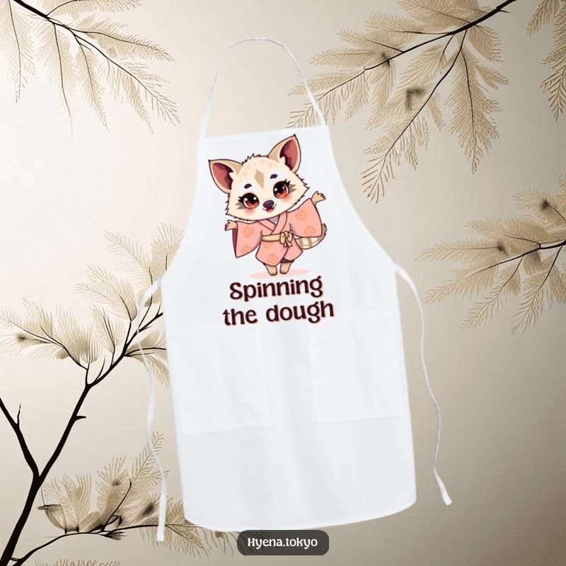 Funny hyena illustration in a kimono twirling with bright eyes, featured on a practical apron for joyful and humorous kitchen use.