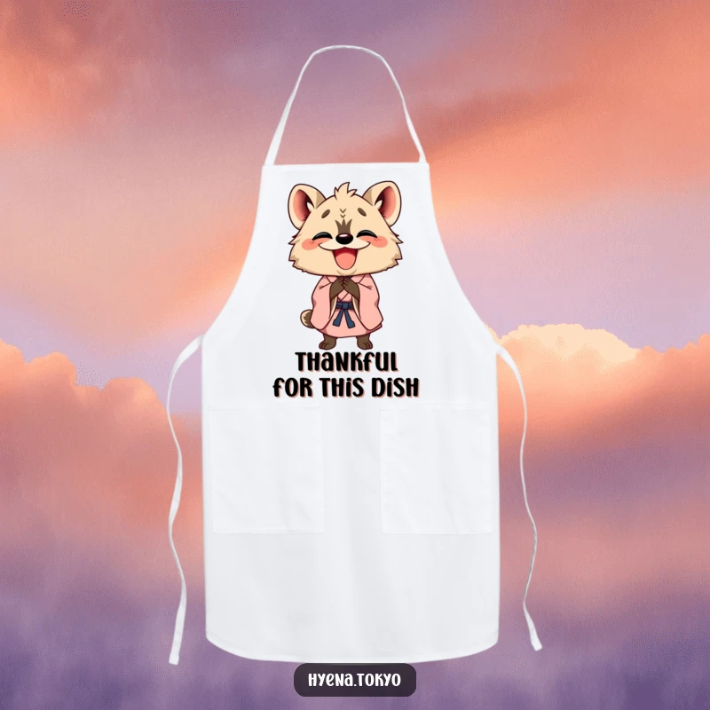 Funny happy hyena in a kimono bowing with a wide grin, featured on a practical apron for cheerful and humorous kitchen use.