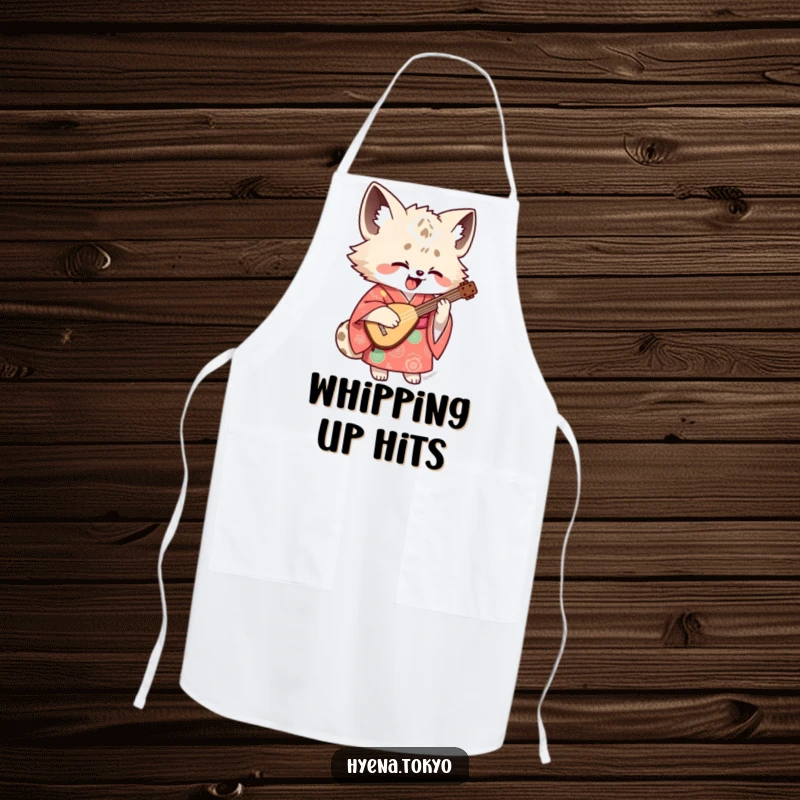 Funny hyena shamisen apron, featuring a hyena in a kimono passionately playing music, ideal for a humorous and functional kitchen accessory.