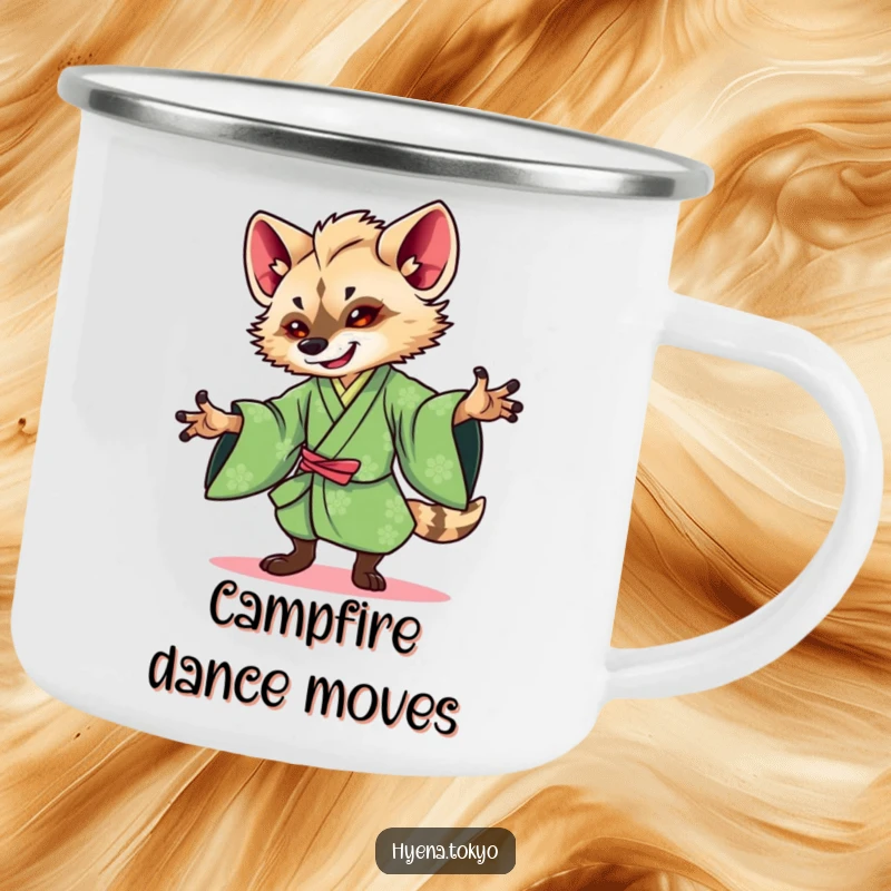 Funny Hyena Campfire Mug: Sturdy mug showing a hyena in a green kimono dancing gracefully, ideal for outdoor elegance.