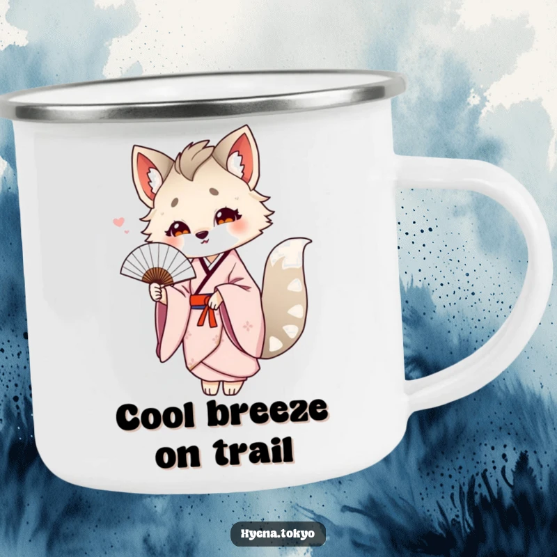 Funny hyena in a kimono offering a delicate fan, depicted on a durable camping mug for elegant and humorous outdoor enjoyment.