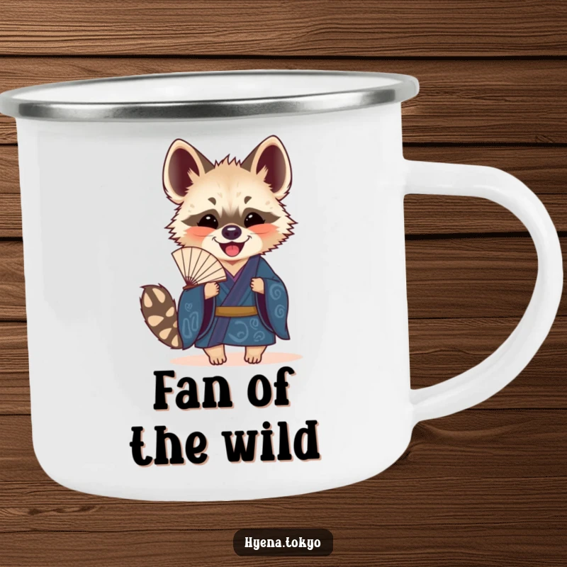 Funny Hyena Campfire Mug: Sturdy mug showing a hyena in a blue kimono holding a fan, ideal for stylish outdoor moments.