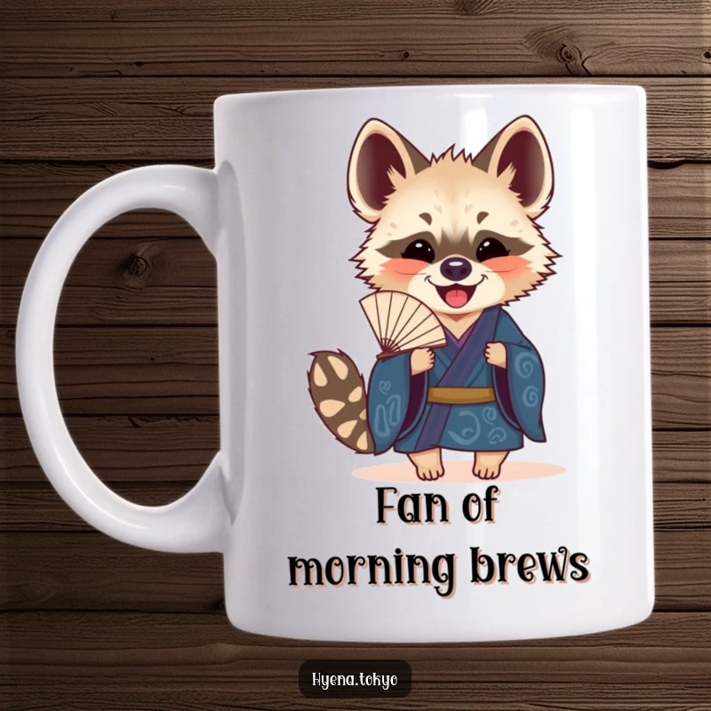 Funny Hyena Fan Mug: Hyena character in a deep blue kimono, joyfully holding a small, decorative fan, elegant and funny.