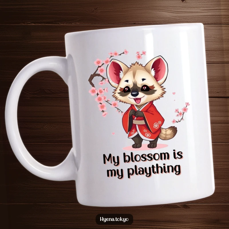 Funny hyena mug in a red kimono playfully batting at falling blossoms with a mischievous grin, perfect for a unique gift.