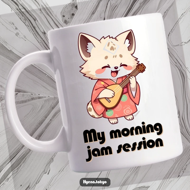 Funny hyena musician mug, playfully strumming a shamisen in a vibrant kimono, radiating joy and musical passion.