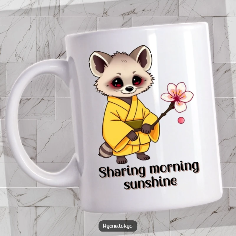 Funny hyena mug, yellow kimono, gently offering a plum blossom, kind and humorous, perfect funny gift.