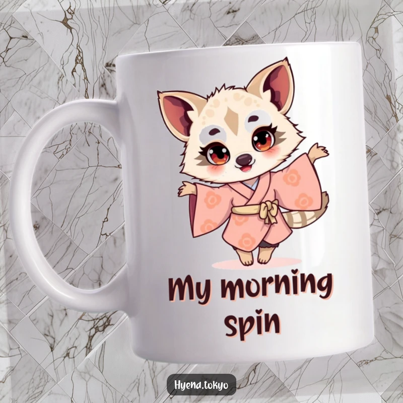 Funny hyena illustration in a kimono, twirling with bright-eyed excitement, radiating pure joy and playful energy.