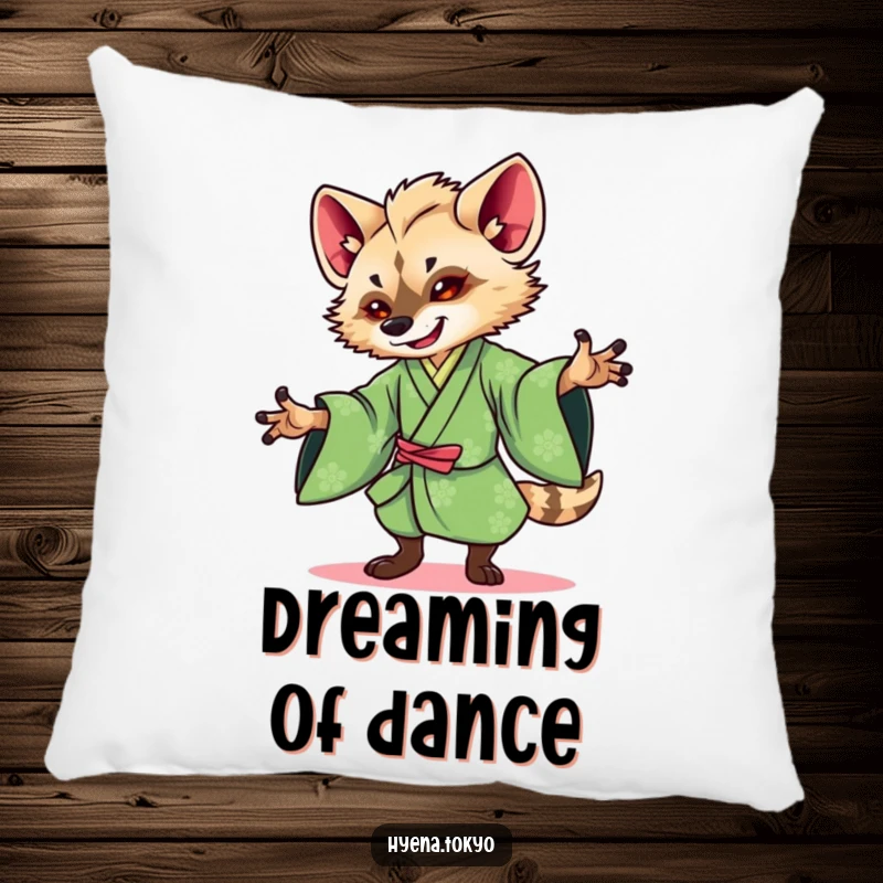 Funny Hyena Pillow: A soft cushion featuring a hyena in a green kimono dancing gracefully, perfect for adding artistic comfort.