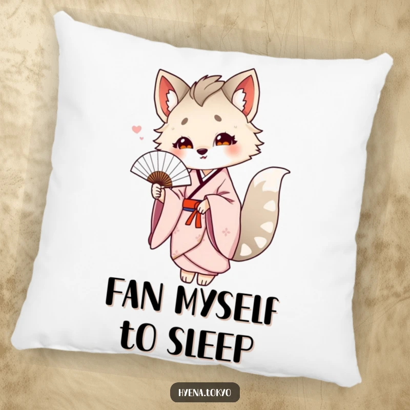 Funny hyena in a kimono offering a delicate fan, depicted on a soft pillow for elegant and humorous home accents.