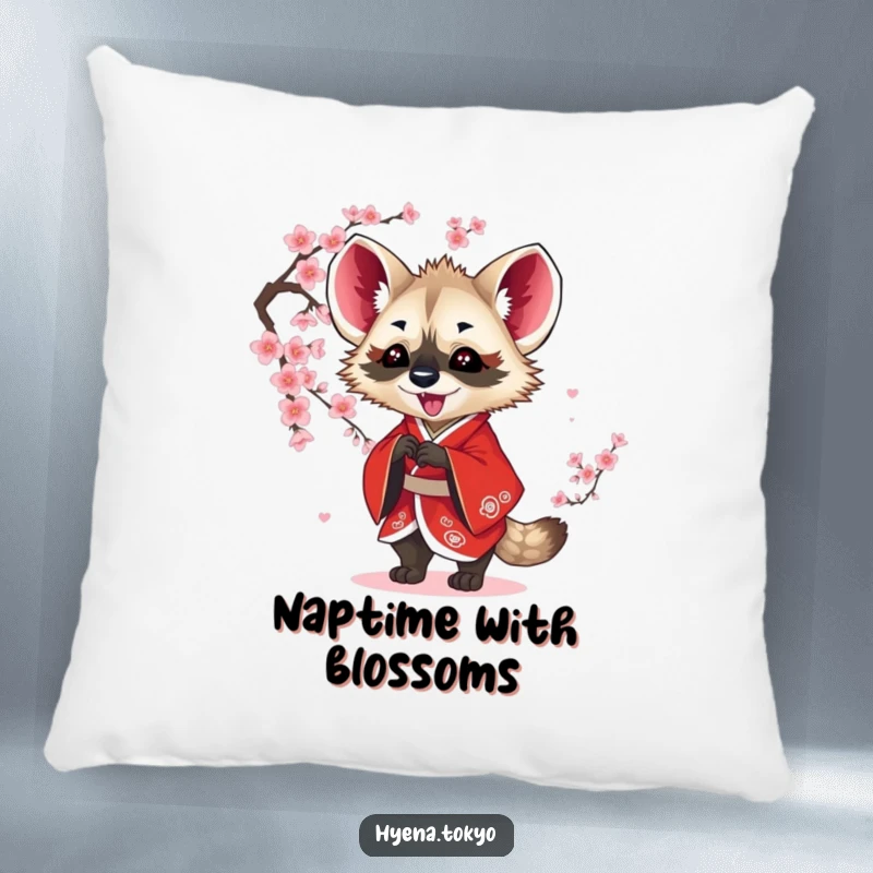 Funny hyena pillow, red kimono, playfully batting at falling blossoms, soft and humorous decor, excellent funny gift.