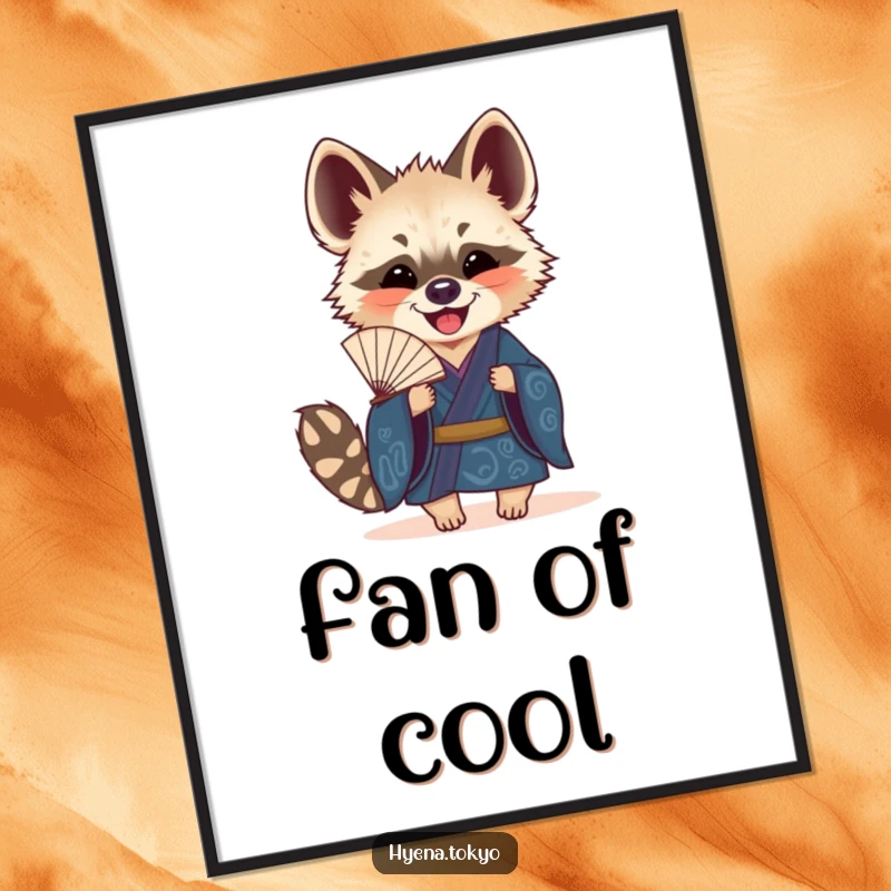 Funny Hyena Digital Art: Printable art of a hyena in a deep blue kimono joyfully holding a small decorative fan, instant download.