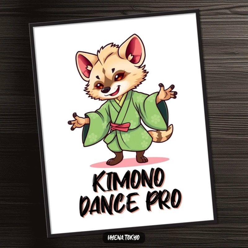 Funny Hyena Digital Art: Printable art of a hyena in a vibrant green kimono performing a graceful dance, instant download.
