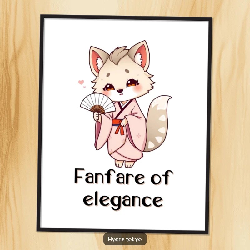 Funny hyena in a kimono offering a delicate fan, rendered as elegant digital art for humorous and sophisticated wall decor.