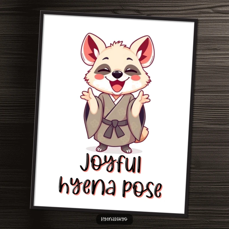 Funny hyena in a kimono making a playful gesture, rendered as digital art for humorous and joyful wall decor.
