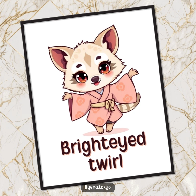 Funny hyena illustration in a kimono twirling with bright eyes, rendered as joyful digital art for humorous and vibrant wall decor.