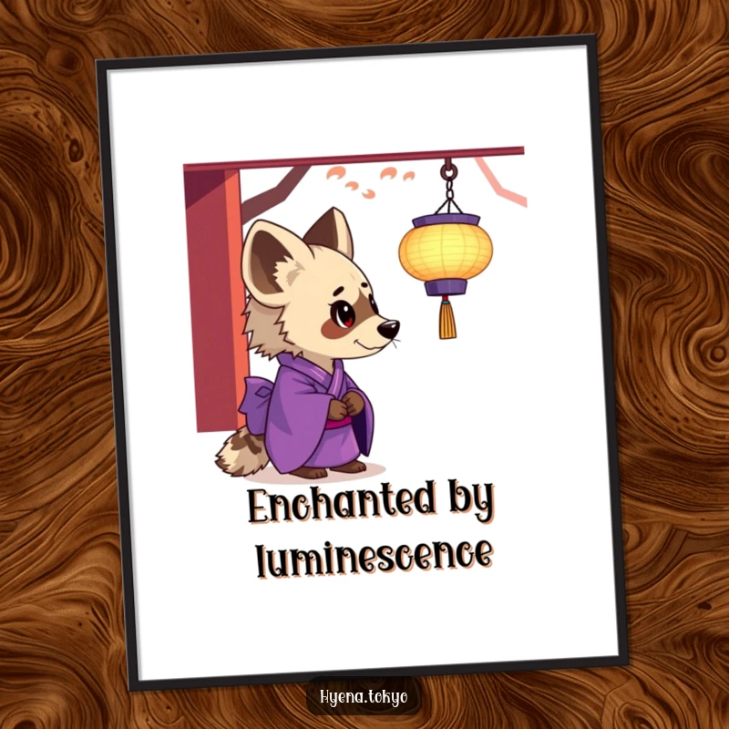 Funny hyena digital art print, purple kimono, fascinated by a floating lantern, instant enchanting decor, perfect funny gift.