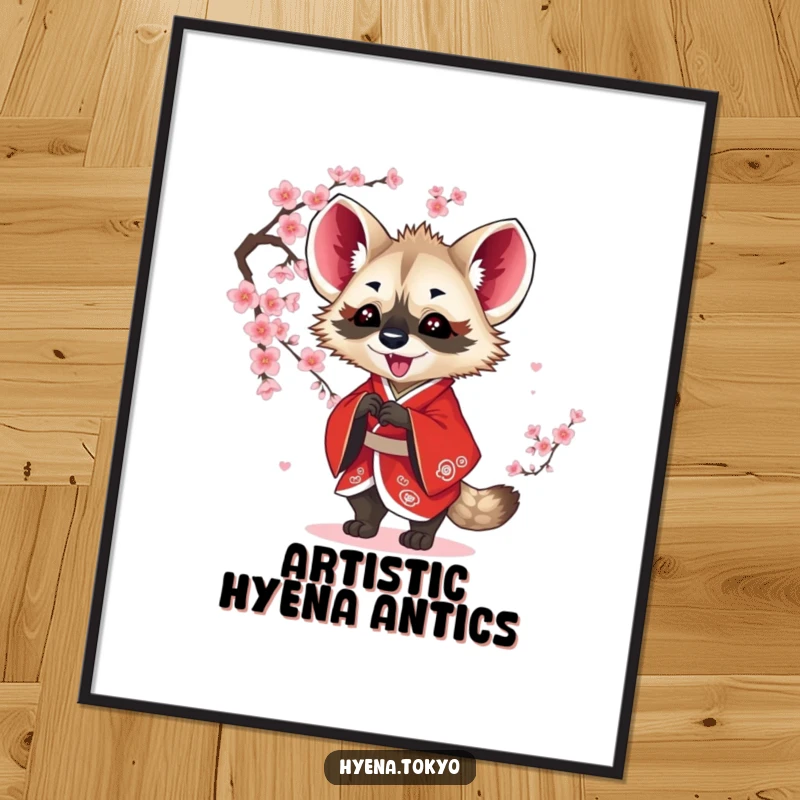 Funny hyena digital art print, red kimono, playfully batting at blossoms, instant humorous wall decor, perfect funny gift.