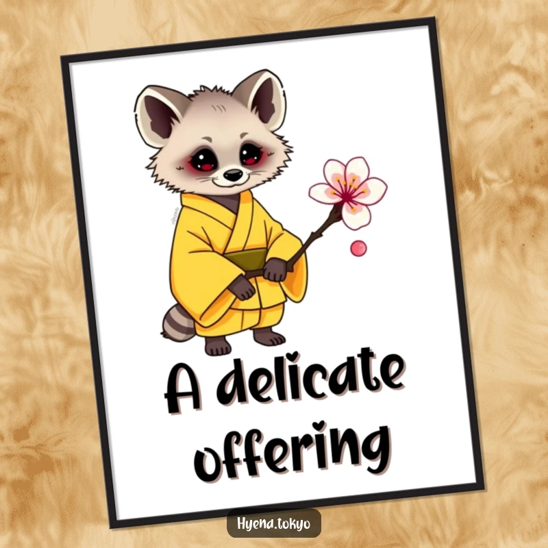 Funny hyena digital art print, yellow kimono, offering a plum blossom, instant sweet decor, perfect funny gift.