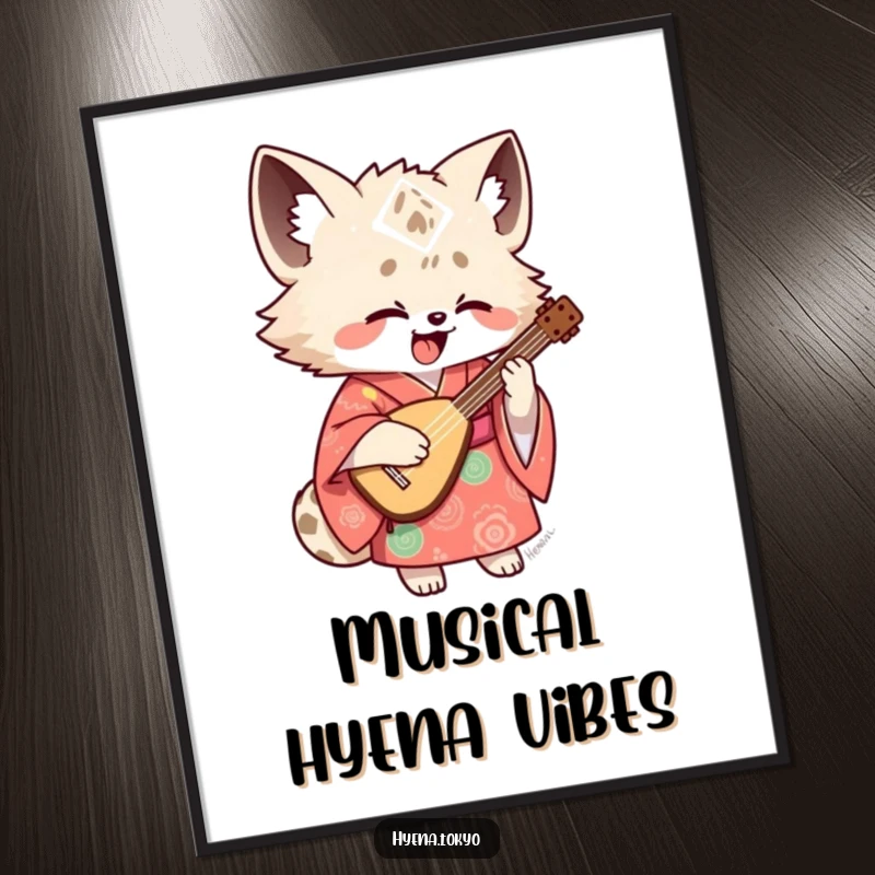 Funny hyena shamisen digital art print, whimsical illustration of a hyena in a kimono playing music, perfect for humorous wall decor.