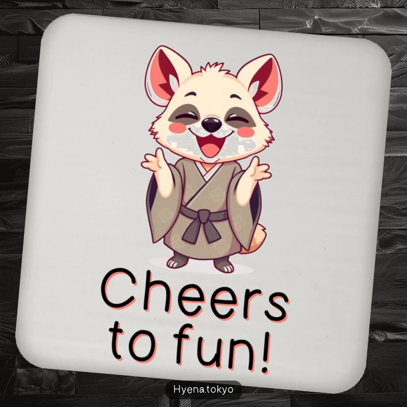 Funny hyena in a kimono gesturing playfully, featured on a coaster to protect surfaces with humorous charm.