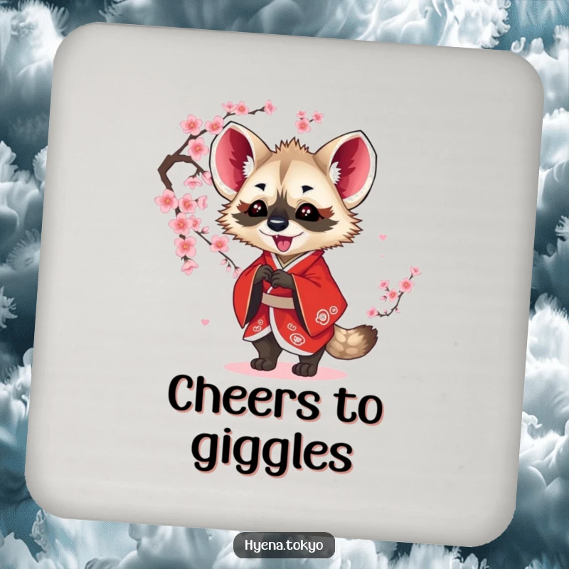 Funny hyena coaster, red kimono, playfully batting at blossoms, protects surfaces with humor, great funny gift.