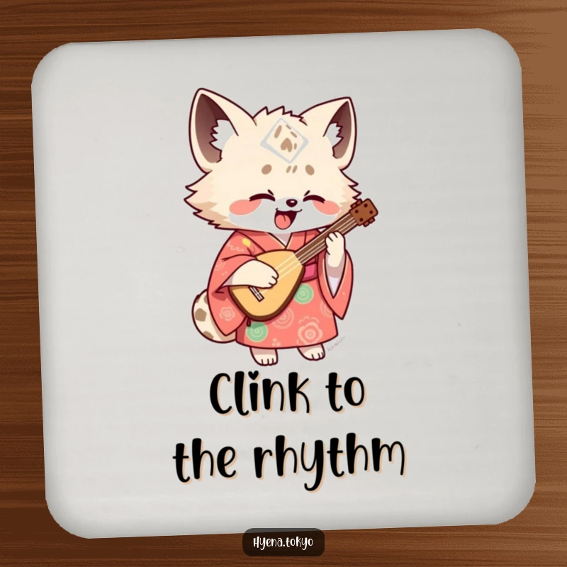 Funny hyena shamisen coaster featuring a hyena in a kimono playing a shamisen, ideal for protecting furniture with humor.