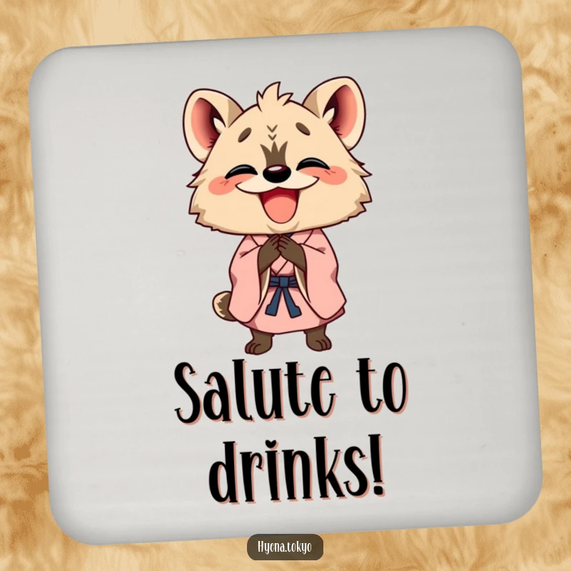 Funny happy hyena in a kimono bowing with a wide grin, featured on a coaster for cheerful and humorous surface protection.