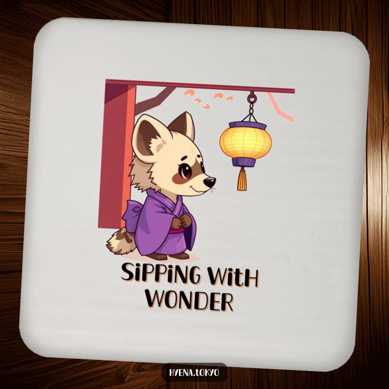 Funny hyena coaster, purple kimono, fascinated by a floating lantern, serene and humorous decor, great funny gift.
