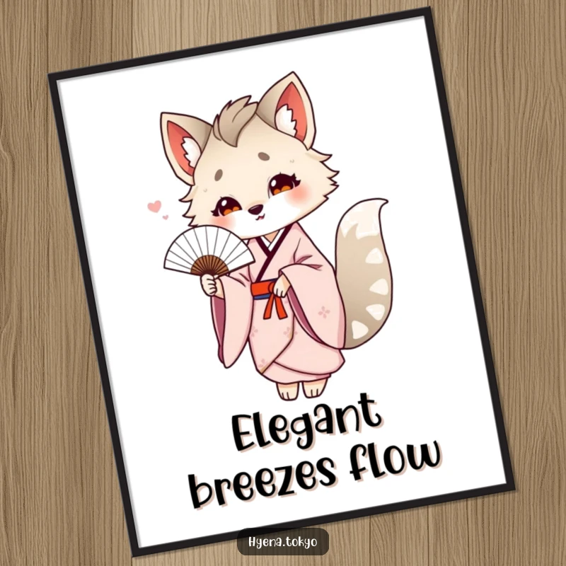 Funny hyena in a flowing kimono offering a delicate fan, rendered as elegant wall art with humorous undertones.