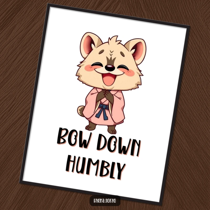 Funny happy hyena in a kimono bowing with a wide grin, rendered as cheerful wall art for humorous and welcoming decor.
