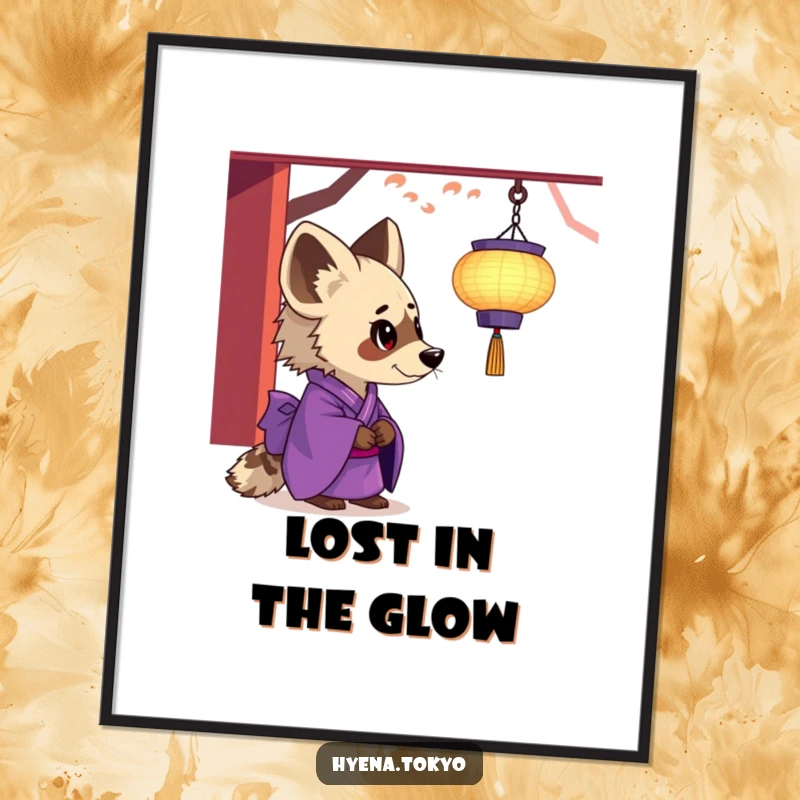 Funny hyena poster, purple kimono, fascinated by a floating lantern, serene and humorous wall art, perfect funny gift.