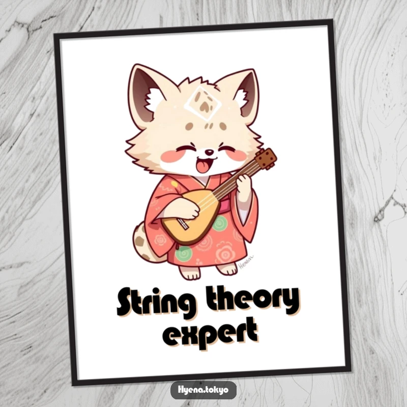 Funny hyena shamisen poster, colorful artwork of a hyena in a kimono enthusiastically playing a shamisen, radiating musical joy.