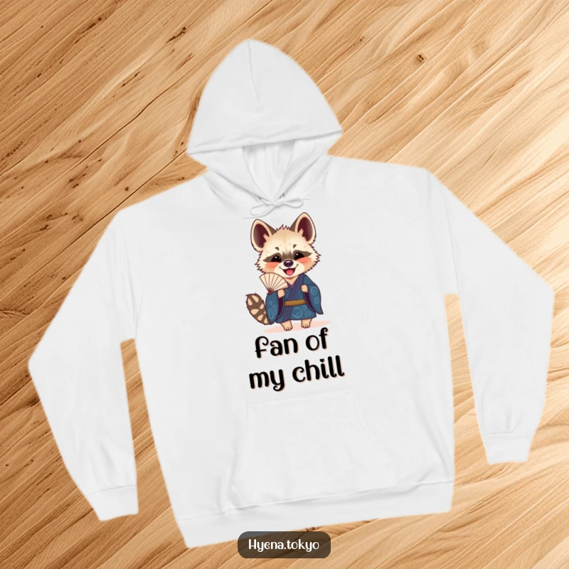 Funny Hyena Hoodie: A warm hoodie featuring a hyena in a blue kimono holding a decorative fan, elegant and cozy.