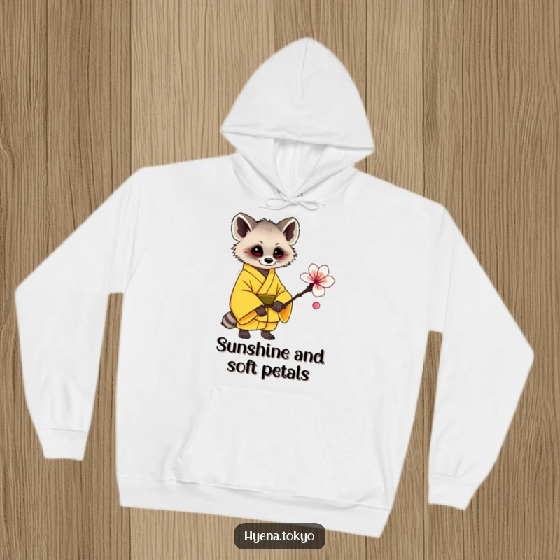 Funny hyena hoodie, yellow kimono, gently offering a plum blossom, cozy and kind apparel, great funny gift.