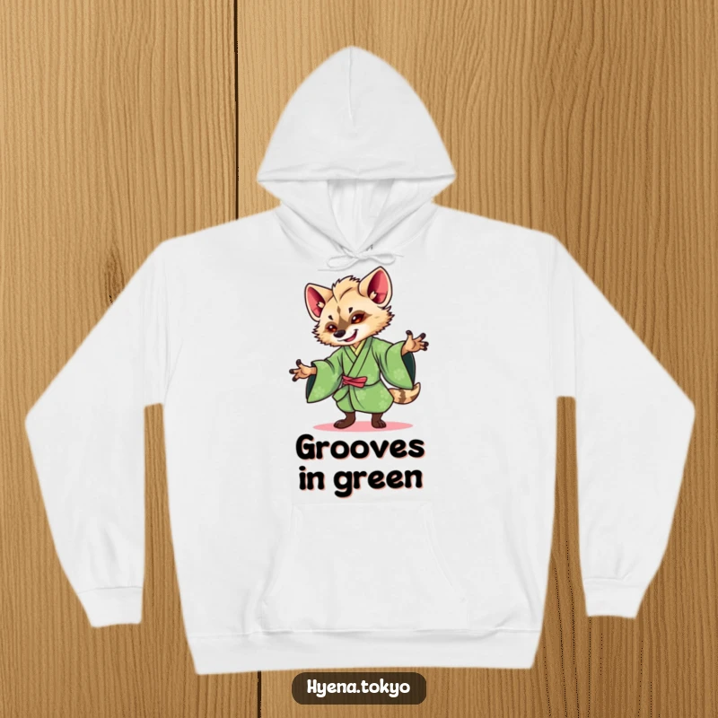 Funny Hyena Hoodie: A warm hoodie featuring a hyena in a green kimono dancing gracefully, artistic and cozy.
