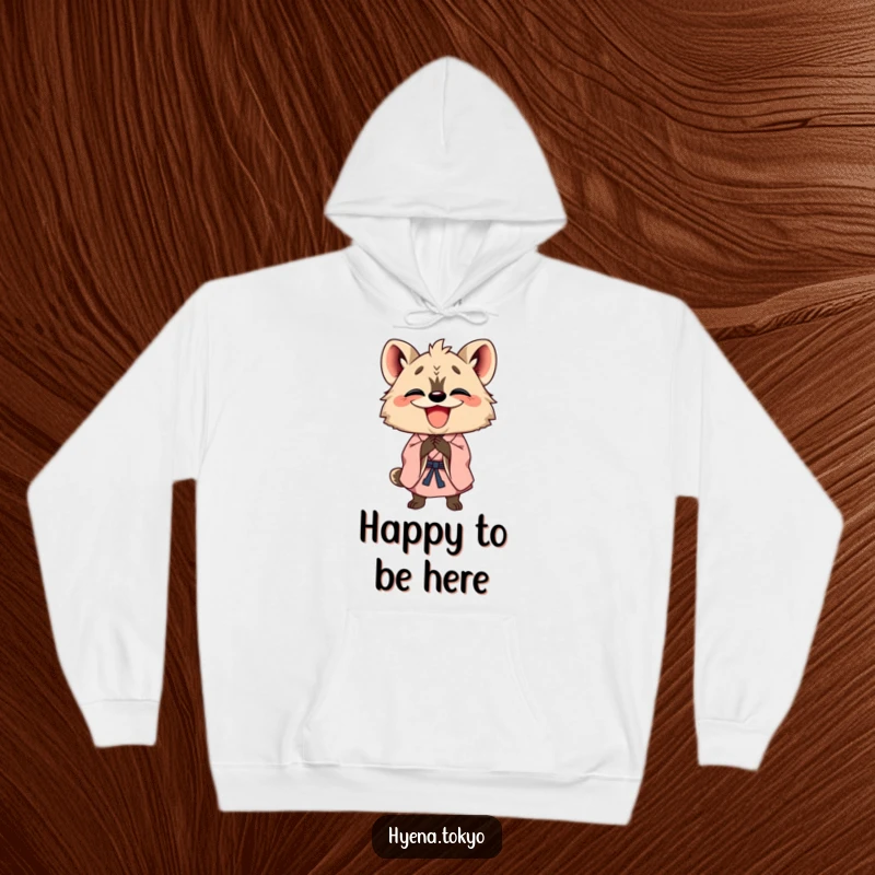 Funny happy hyena in a kimono bowing with a wide grin, depicted on a cozy hoodie for cheerful and humorous wear.