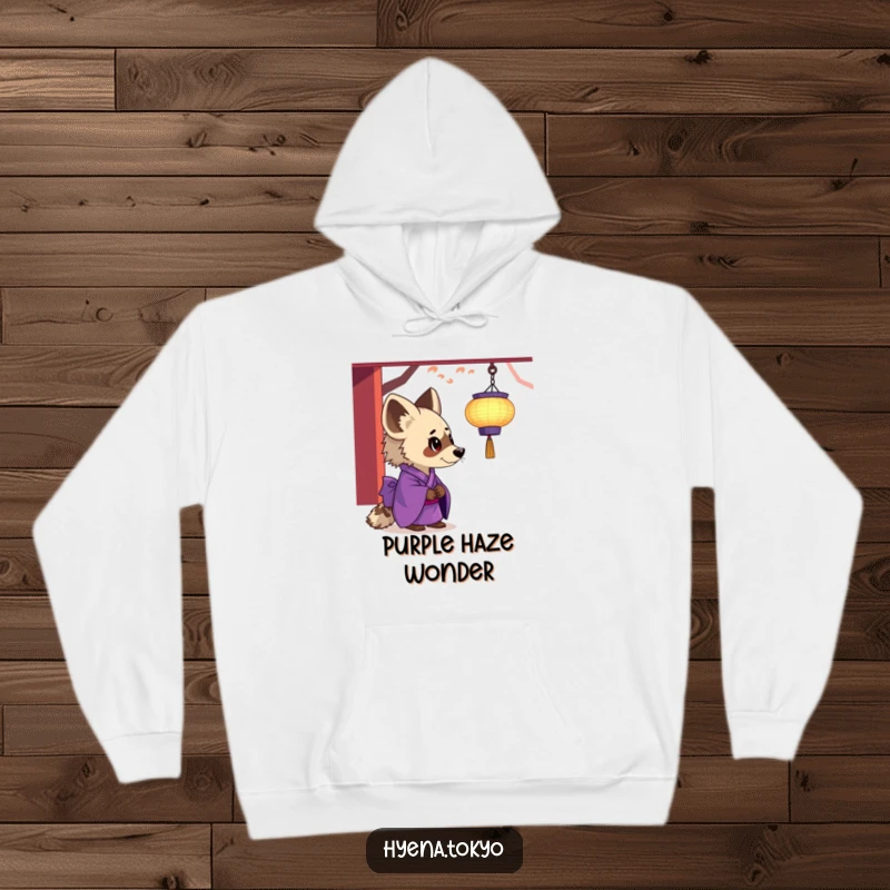 Funny hyena hoodie, purple kimono, fascinated by a floating lantern, cozy and enchanting apparel, great funny gift.