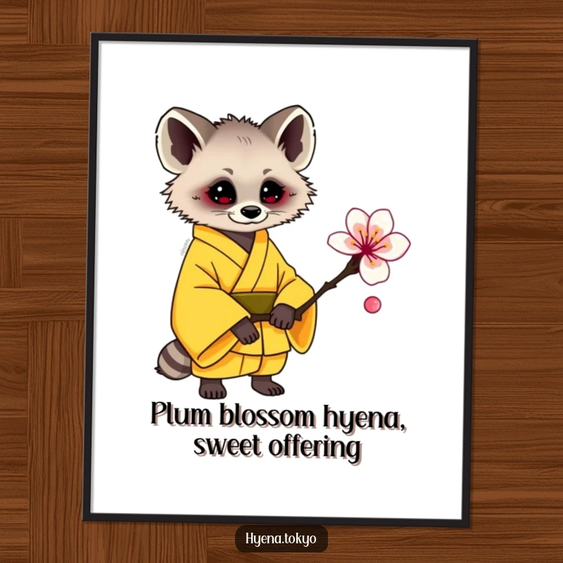 Cute Free Printable Wall Art: Hyena in a sunny yellow kimono gently offers a plum blossom.