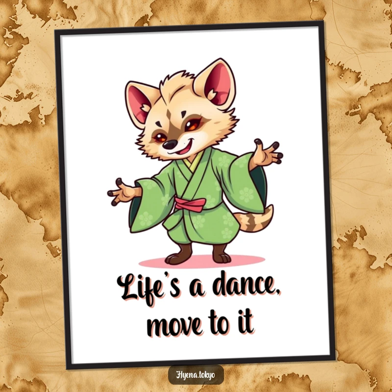 Funny Free Printable Wall Art: Hyena character in vibrant green kimono, performing a graceful dance.
