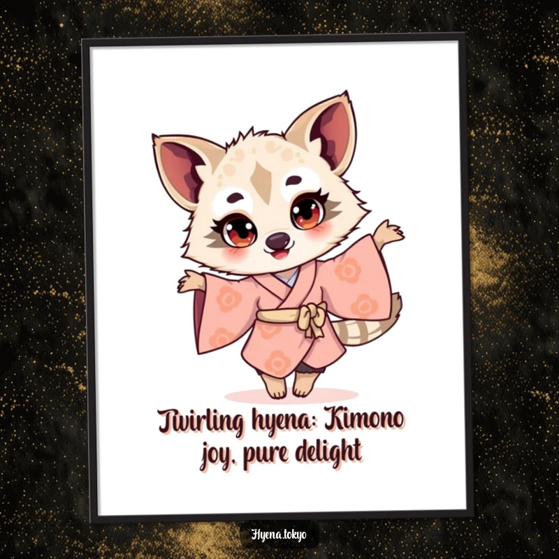 Funny Free Printable Wall Art: Hyena illustration in a kimono, twirling with a bright-eyed, ecstatic expression.