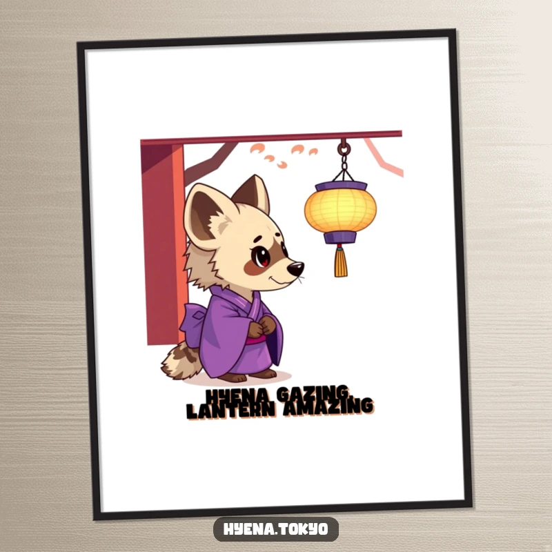Funny Free Printable Wall Art: Hyena in purple kimono fascinated by a floating lantern.