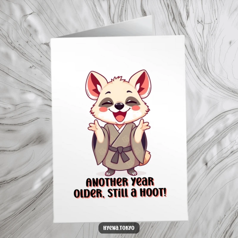 Funny Free Printable Birthday Card: A joyful hyena wearing a traditional kimono, gesturing playfully with a big smile.