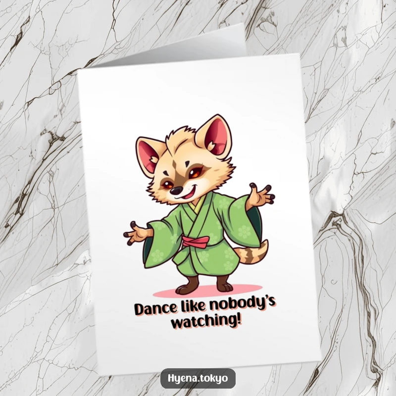 Funny Free Printable Birthday Card: Hyena in green kimono dancing gracefully, celebratory and unique.