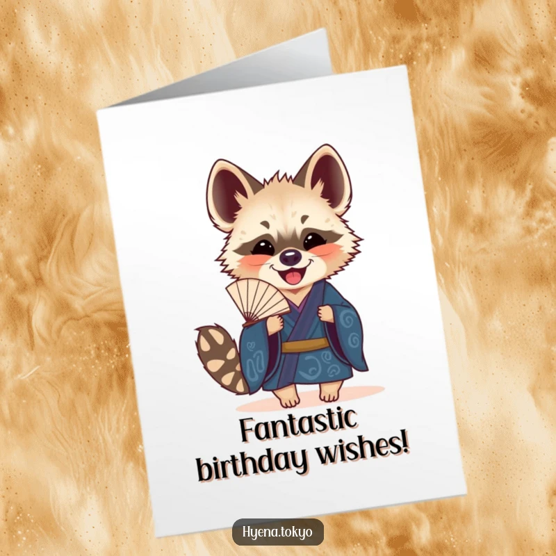 Funny Free Printable Birthday Card: Hyena in blue kimono holding fan joyfully, festive and charming.