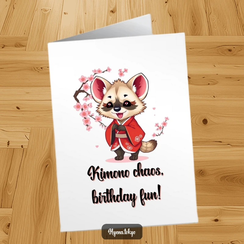 Funny Free Printable Birthday Card: Hyena in red kimono playfully batting at blossoms.