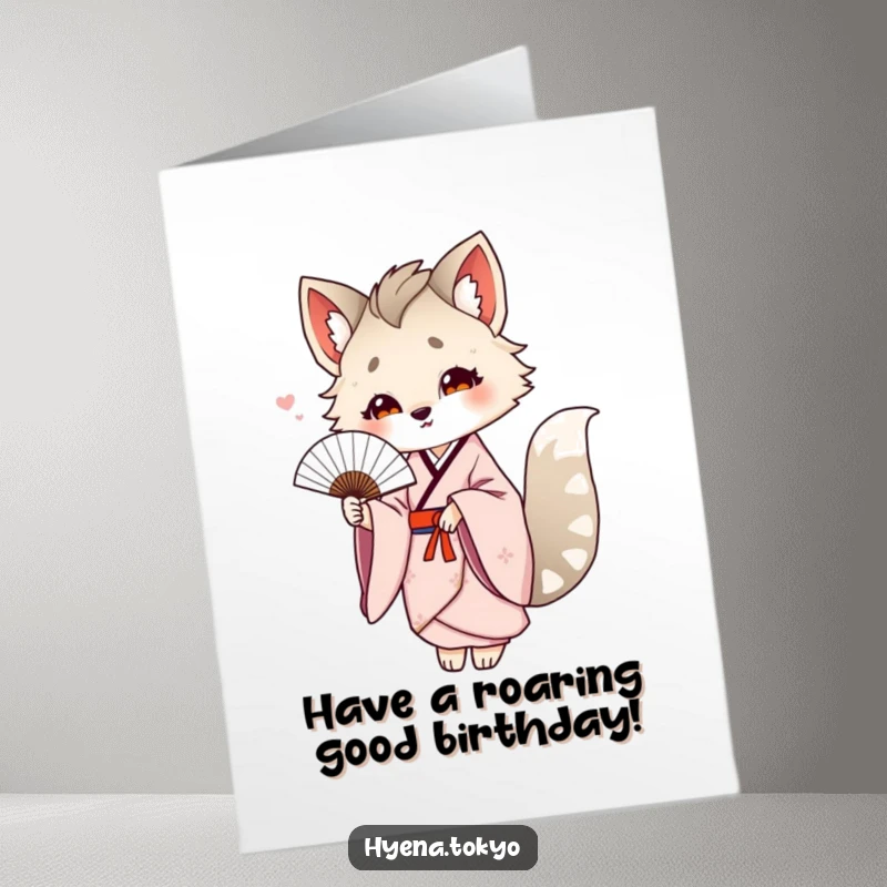 Funny Free Printable Birthday Card: Hyena in a flowing kimono gracefully offering a delicate fan, a stylish greeting.
