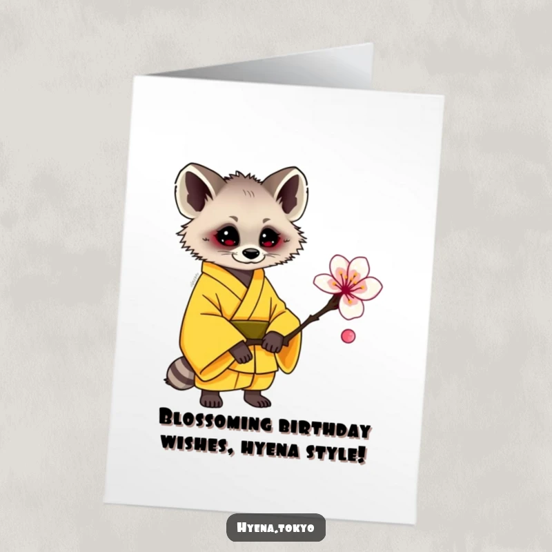Cute Free Printable Birthday Card: Hyena in yellow kimono offers a plum blossom.