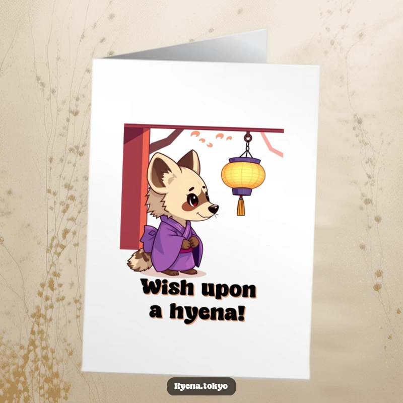 Funny Free Printable Birthday Card: Hyena in purple kimono fascinated by lantern.